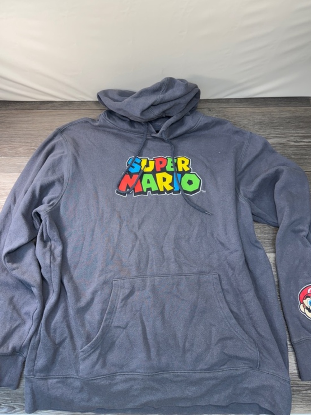 Nintendo Navy Crewneck Hoodie with Multicolor Super Mario Logo